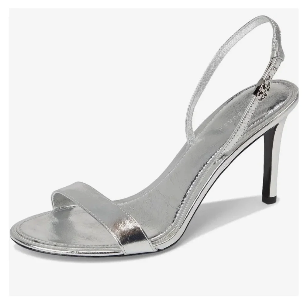New Tory Burch Silver Metallic Leather Slingback Stiletto Sandals 8.5